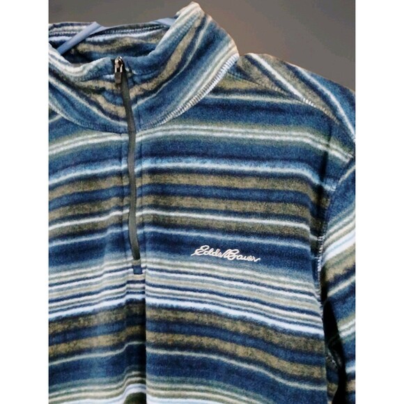 Eddie Bauer Men’s Medium 1/4 Zip Pullover Blue Gray Striped Long Sleeve Fleece L - Picture 2 of 5